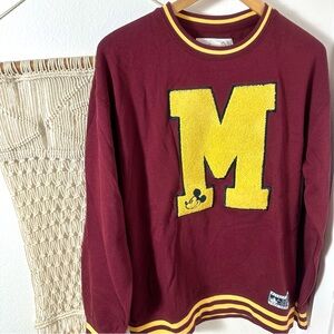 Disneyland Disney Mickey Mouse Maroon M Vintage College Sweatshirt Yellow Stripe